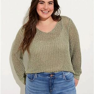 NWT Loft Plus 14  Sage Shimmer Open knit Cropped Sweater